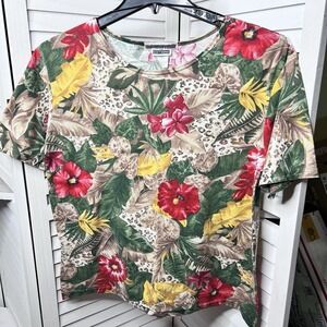 Vintage Basic Editions Women's Large Tropical Jungle Floral Tee Made in‎ USA 90s